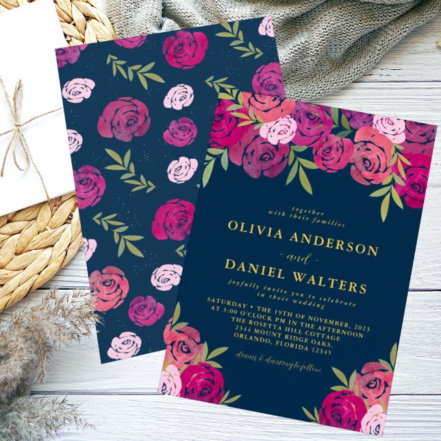 Invitación Rosas florales rosados y morados dejan Boda azul (Subido por el creador)