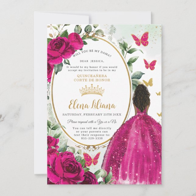 Invitación Rosas florales rosas de Fuchsia Quinceañera (Anverso)