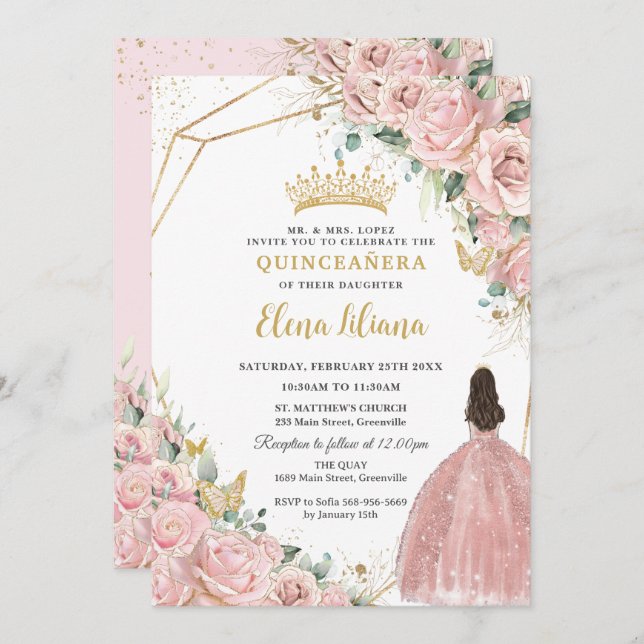 Invitación Rosas florales rosas de luz pálida Quinceanera dul (Anverso / Reverso)