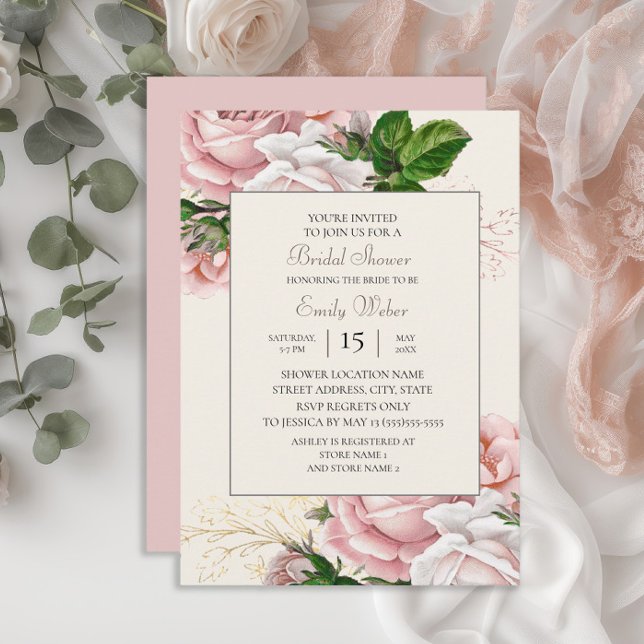 Invitación Rosas florales rosas de Rubor Cream Bridal Shower (Blush pink vintage floral bridal shower invitation)