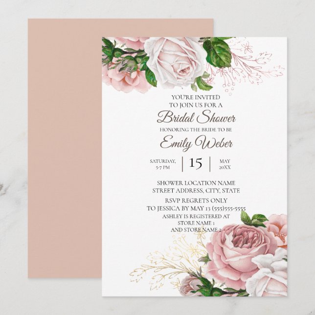 Invitación Rosas florales rosas de Rubor ducha de novia blanc (Anverso / Reverso)