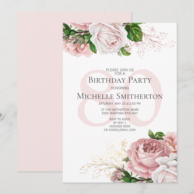 Invitación Rosas florales rosas de Rubor White 80 cumpleaños (Anverso / Reverso)