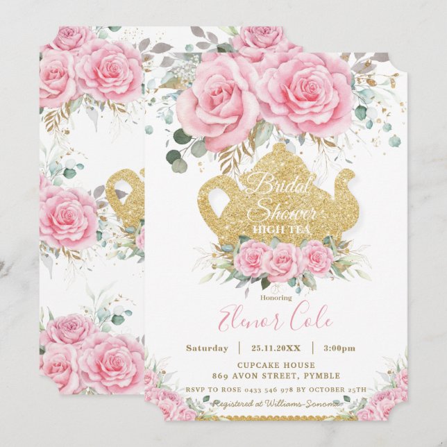 Invitación Rosas florales rosas duchas de novia Fiesta de té  (Anverso / Reverso)