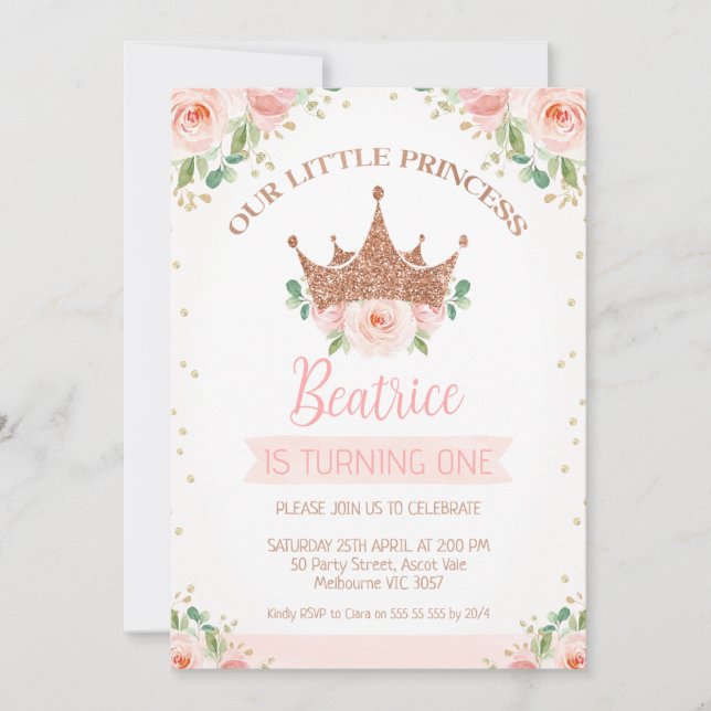 Invitación Rosas florales rosas Princesa Corona primer cumple (Anverso)