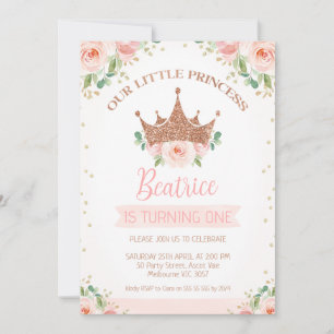 Invitación Rosas florales rosas Princesa Corona primer cumple