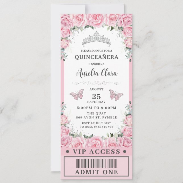 Invitación Rosas florales rosas Quinceañera Sweet 16 VIP Tick (Anverso)
