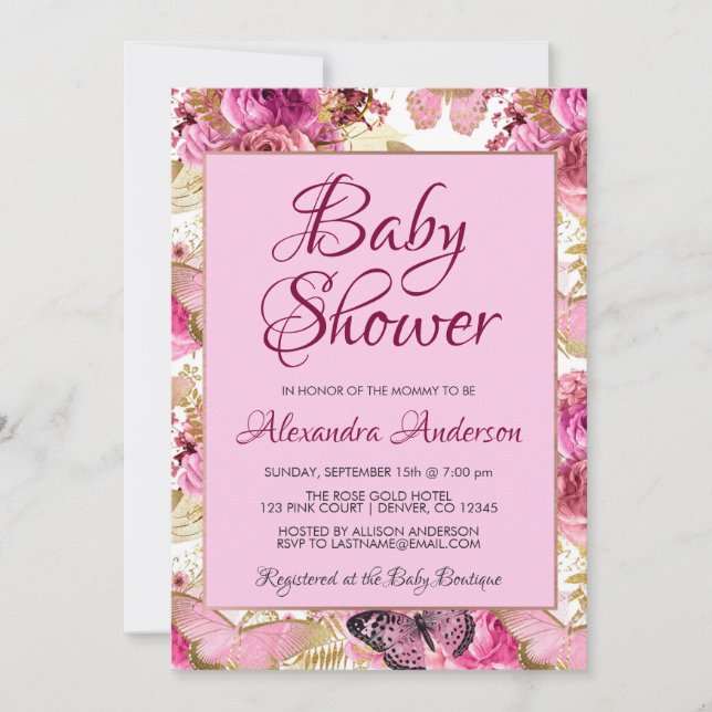 Invitación Rosas florales rosas Rubor Monograma Baby Shower (Anverso)