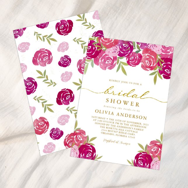 Invitación Rosas florales rosas y moradas dejan ducha de novi (Subido por el creador)