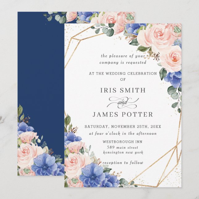 Invitación Rosas Florales Rubor y Blue Boda Geométrico Gold (Anverso / Reverso)