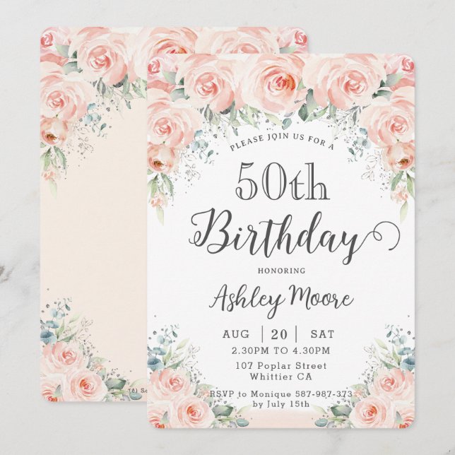 Invitación Rosas florales suaves de Rubor Greenery 50 cumplea (Anverso / Reverso)
