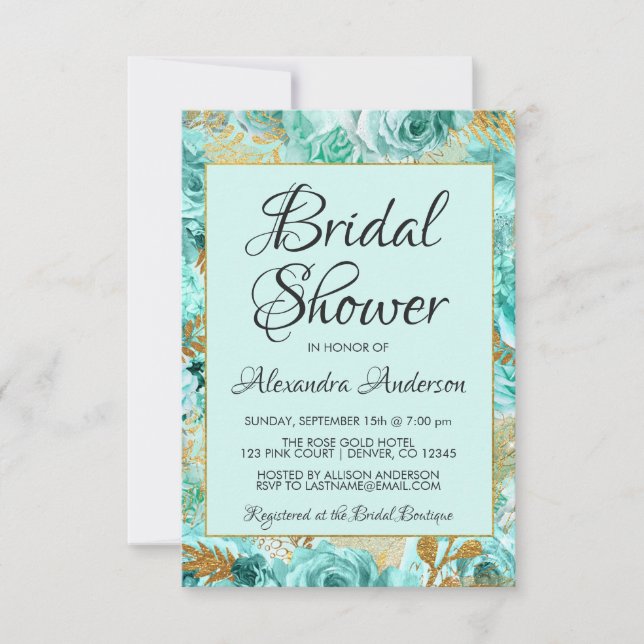 Invitación Rosas florales verde azulados ducha de novia monog (Anverso)