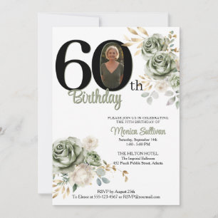 Invitación Rosas florales verde Sage marfil Cumpleaños 60 Fot