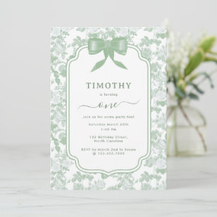 Invitación Rosas Florales Verdes Chinoiserie Cumpleaños 1er N