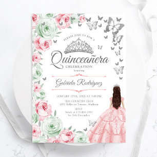 Invitación Rosas florales verdes de sabio rosado Quinceanera