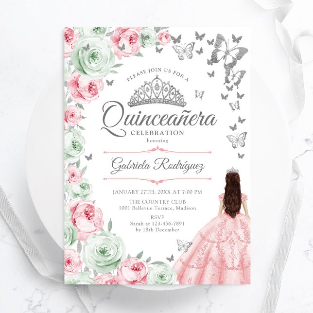 Invitación Rosas florales verdes de sabio rosado Quinceanera (Subido por el creador)