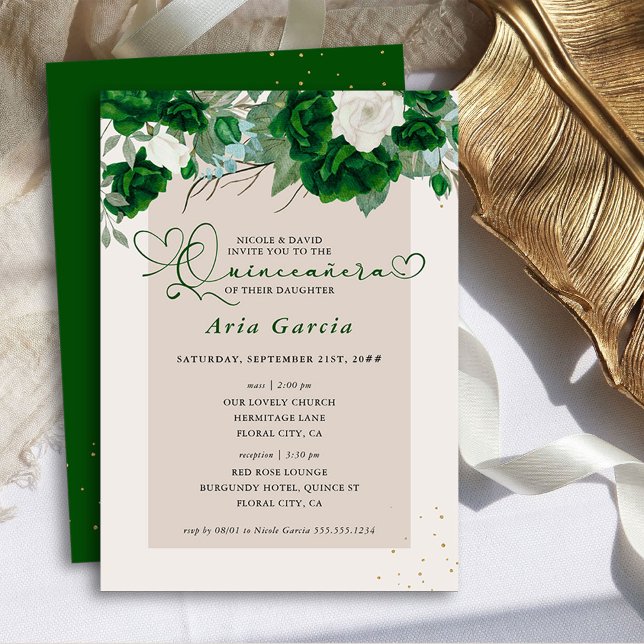 Invitación Rosas florales verdes e marfil Quinceanera y misa (Quinceanera + Mass Invitation - Royal Rose Emerald Green Quinceanera Collection by Darling & May)