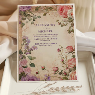 Invitación Rosas Florales Vintage Rosa Púrpura Boda