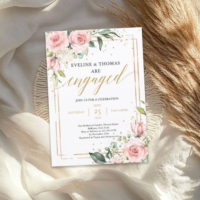 Invitación Rosas florecientes compromiso de oro floral rosa (Blooming roses blush pink floral gold engagement invitation)