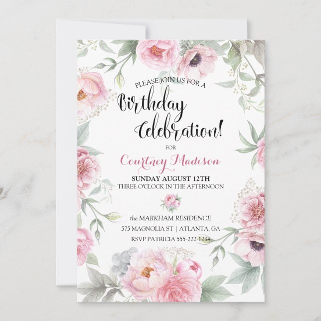 Invitación Rosas Flores Acuarela Cumpleaños Rosa (Anverso)
