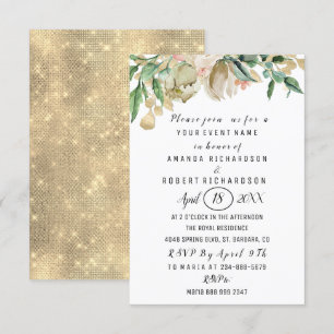 Invitación Rosas Flores Brunch Green Gold Watercoloreadas Bla