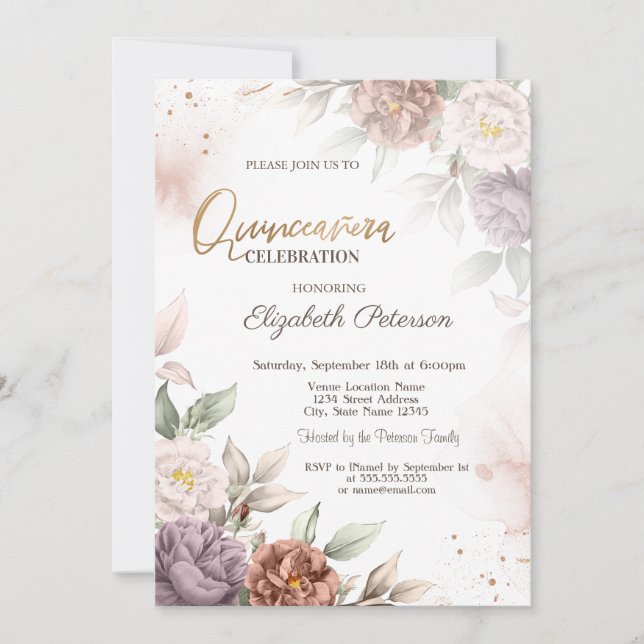 Invitación Rosas Flores Chic Boho Quinceañera (Anverso)