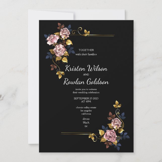 Invitación Rosas Flores de Oro Rosa (Anverso)