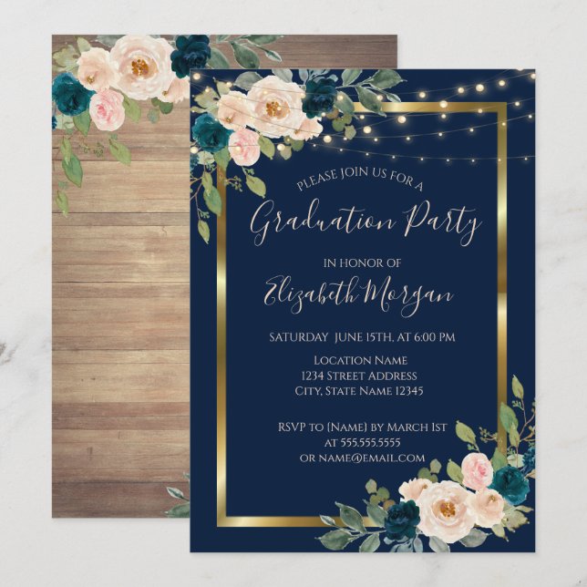 Invitación Rosas Flores Luces, Fiesta de Graduación de Madera (Anverso / Reverso)