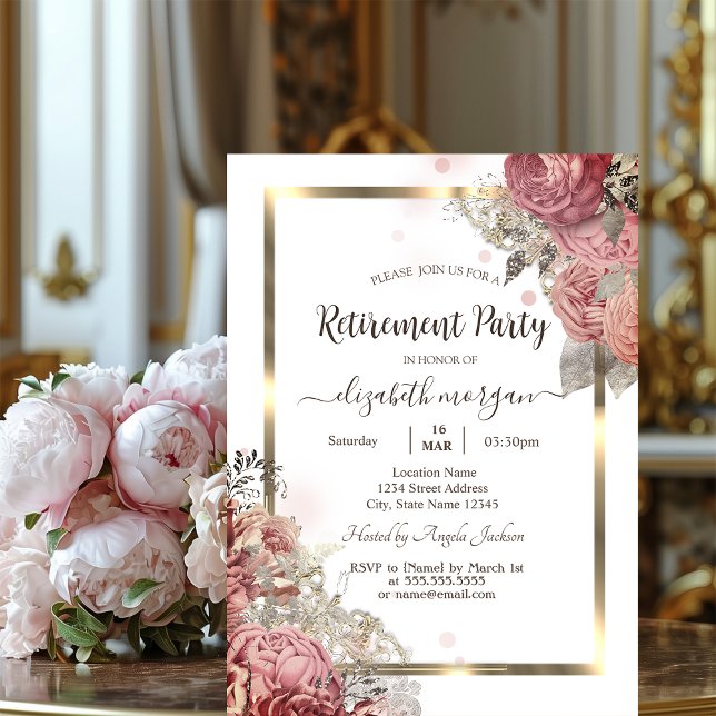 Invitación Rosas Flores Marco de Oro Jubilación (Subido por el creador)