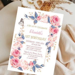 Invitación Rosas Flores Mariposa Rayada Cumpleaños 