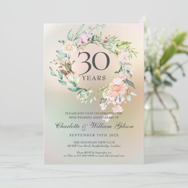 Invitación Rosas Flores Perla Aniversario de Bodas 30  (Anverso de pie)