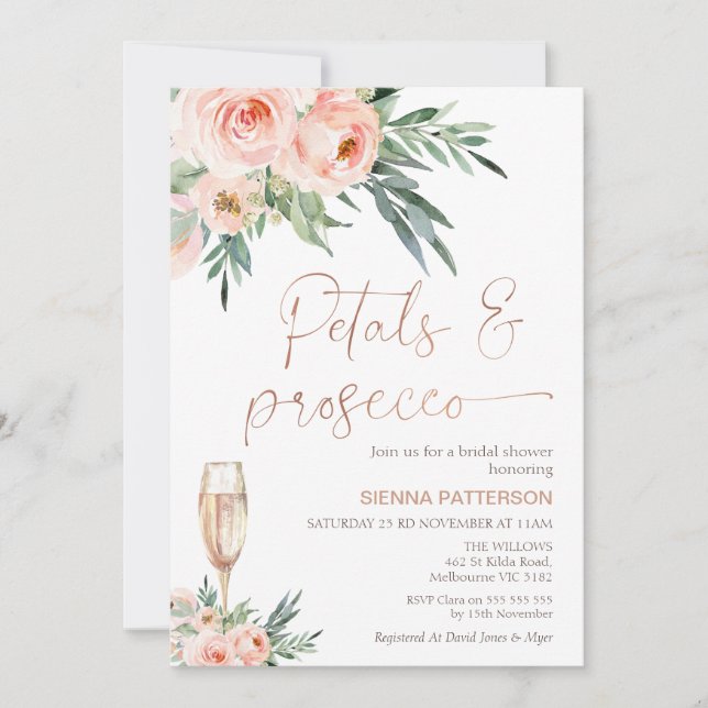 Invitación Rosas Foliage Petals y Prosecco Bridal Shower (Anverso)