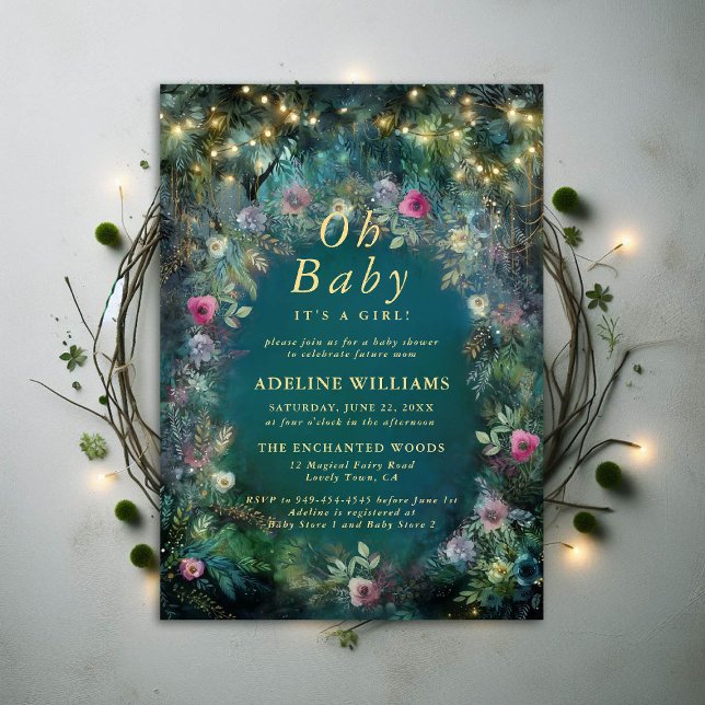 Invitación Rosas forestales encantados Baby Shower de Woodlan (enchanted forest baby shower greenery arch foliage roses magical garden fairy woodland lights)