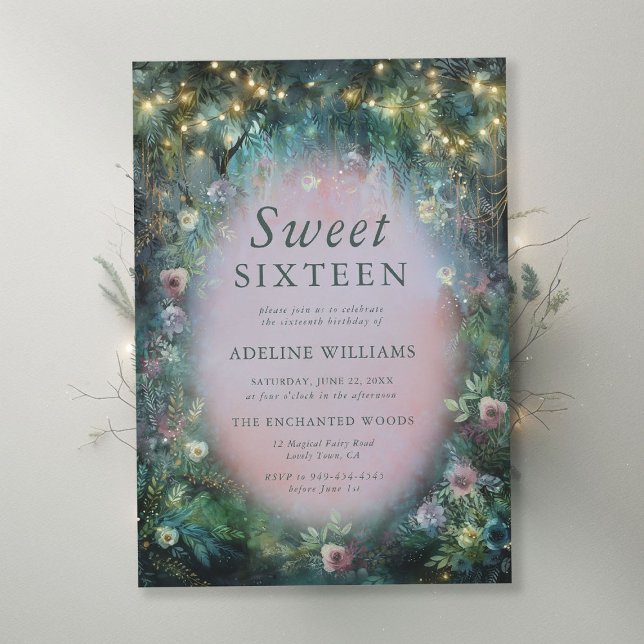 Invitación Rosas forestales encantados Dulce verde rosa mezcl (enchanted forest sweet sixteen invite wild roses misty pink emerald green magical woodland fairytale)