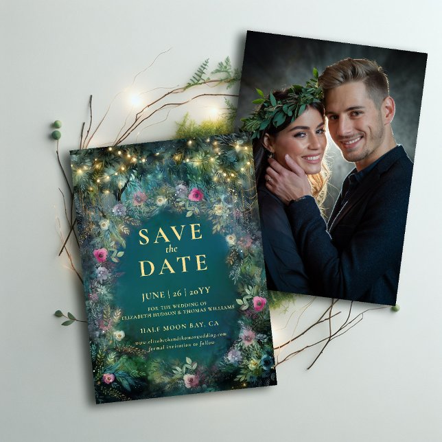 Invitación Rosas forestales encantados Foto Boda Guardar la f (enchanted forest photo wedding save the date magical fairy tale woodland roses gold emerald green)