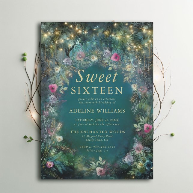 Invitación Rosas forestales encantados Verdor Woodland Sweet  (enchanted forest sweet 16 theme invitation wild roses floral emerald gold woodland fairy greenery.)
