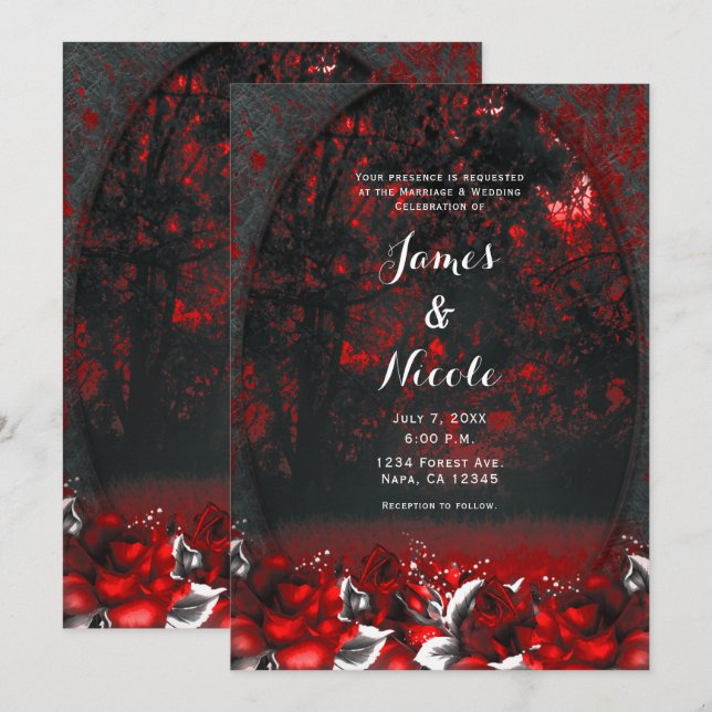 Invitación Rosas forestales rojas y negras bodas góticas (Anverso / Reverso)