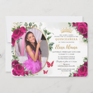 Invitación Rosas Fuccia Rosa Caliente Floral Quinceañera  Fot