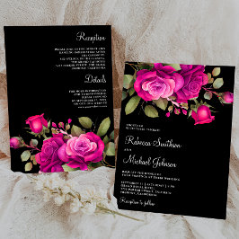 Invitación Rosas Fuchsia Rosa Caliente Todo en Uno Boda Negra