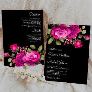 Invitación Rosas Fuchsia Rosa Caliente Todo en Uno Boda Negra
