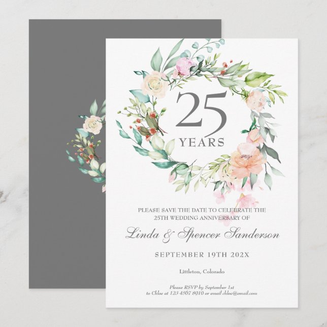 Invitación Rosas Garland 25 años Salven la fecha (Anverso / Reverso)