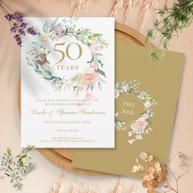 Invitación Rosas Garland 50° aniversario salven la fecha (Roses Garland 50th Anniversary Save the Date Invitation)