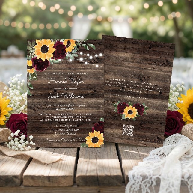 Invitación Rosas Girasoles Rústicos Código QR Bodas Granero (Subido por el creador)