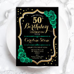 Invitación Rosas Gold Black Green 50 cumpleaños<br><div class="desc">50.ª Invitación a la fiesta de cumpleaños. Elegante diseño verde esmeralda floral con oro falso purpurina,  rosas y letra de guión. Perfecto para una elegante celebración del cumpleaños de las mujeres. ¡Se puede personalizar para cualquier edad! Invitaciones Zazzle impresas o una plantilla imprimible digital de descarga instantánea.</div>