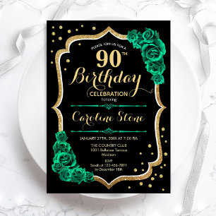 Invitación Rosas Gold Black Green 90 cumpleaños