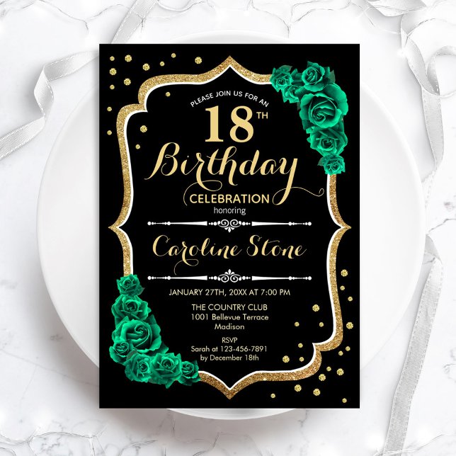 Invitación Rosas Gold Black Green elegantes 18º cumpleaños (Subido por el creador)