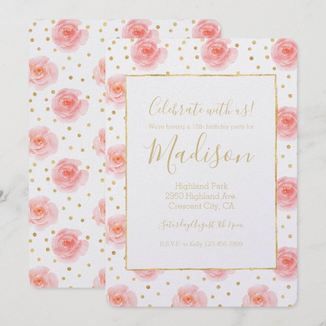 Invitación Rosas Gold Confetti de color rosa (Anverso / Reverso)