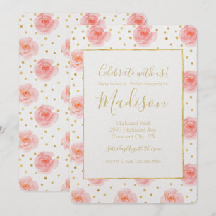 Invitación Rosas Gold Confetti de color rosa