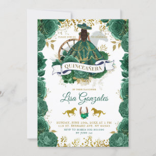 Invitación Rosas Gold Emerald Green Quinceañera Occidental