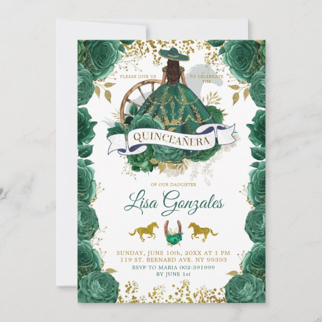 Invitación Rosas Gold Emerald Green Quinceañera Occidental (Anverso)