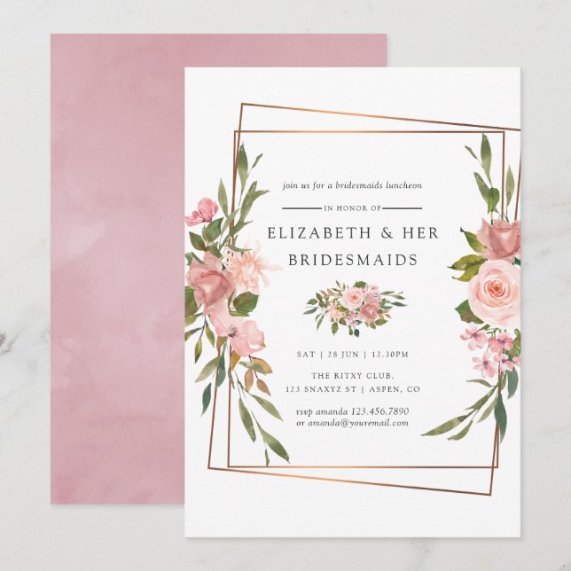Invitación Rosas Gold Geométricos de Rubor Bridesmaids Lunche (Anverso / Reverso)